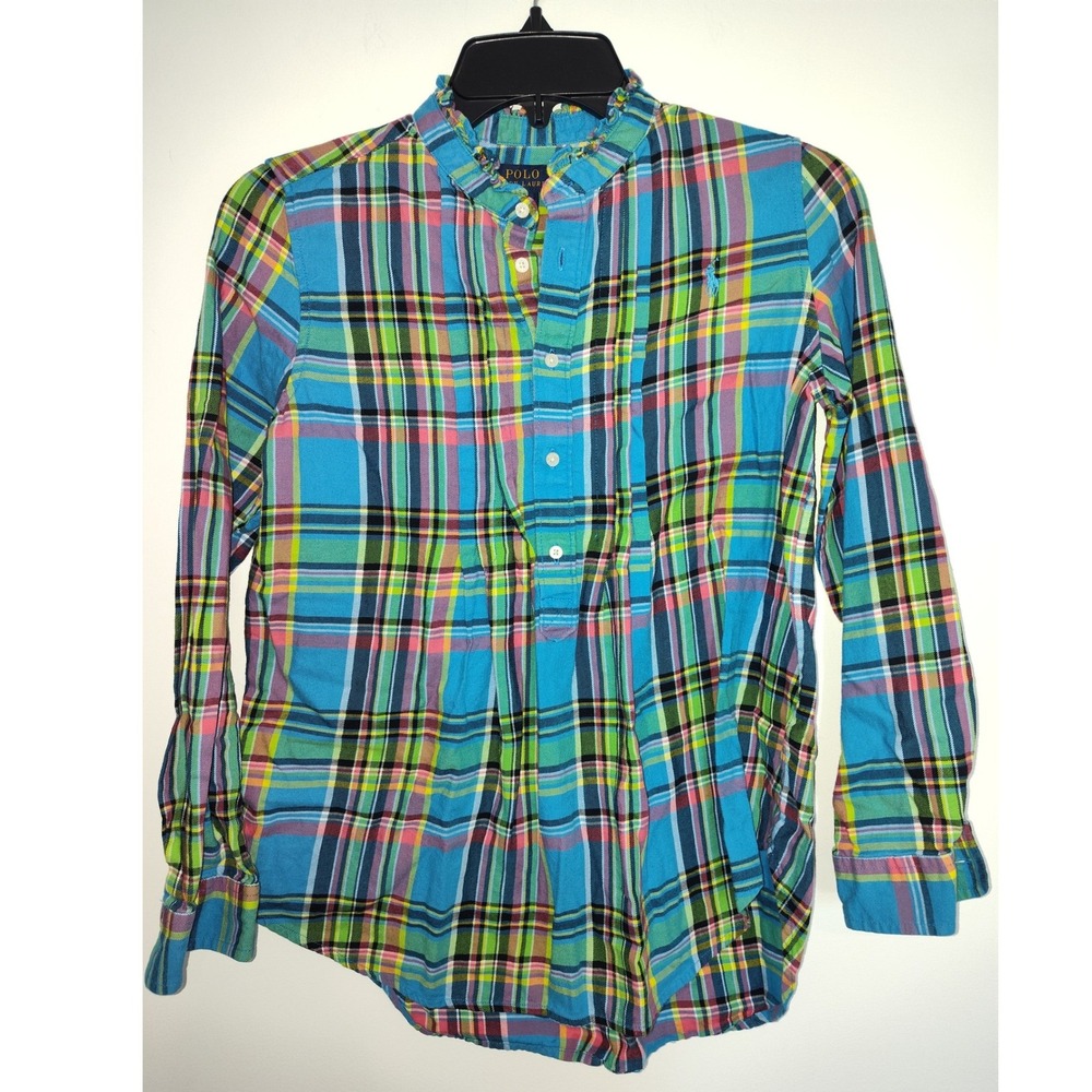 Polo Ralph Lauren Girls Plaid Ruffle Collar Shirt Multi Color Madras Pony Logo L